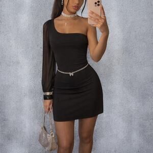 Vintage Y2K Ruby Rox One Shoulder Black Cocktail Beaded Cuff Bodycon Mini Dress